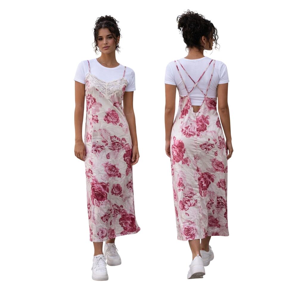 Amoureuse Y2K Pink Floral Lace Trim Slip Dress – Size L